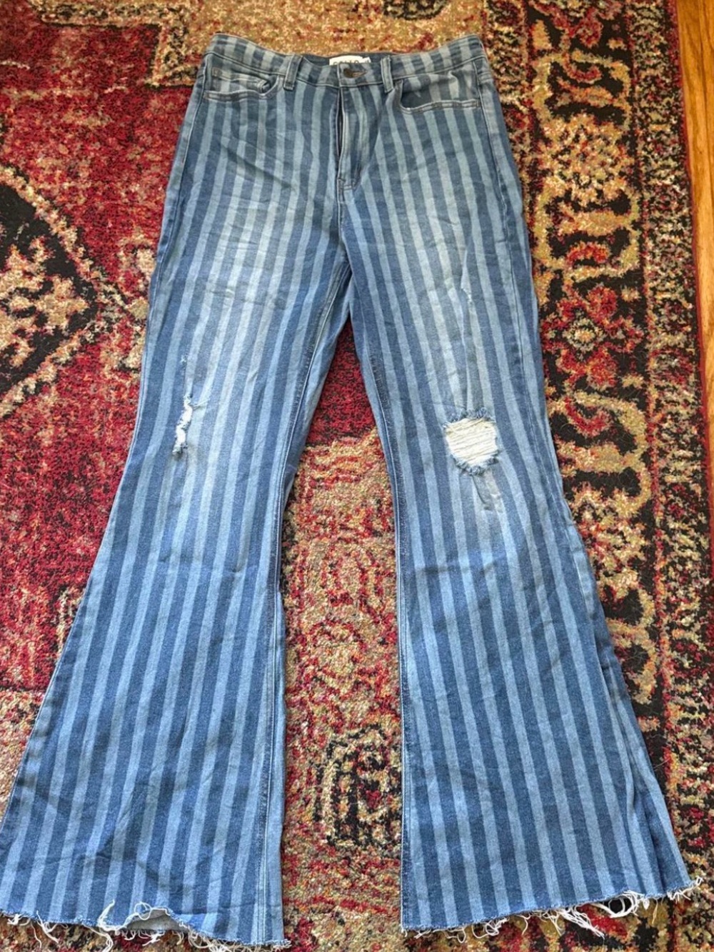 Cello Blue Striped Flare Jeans with Distressed Knees